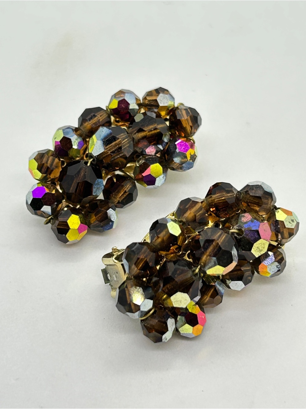 Chunky Brown Aurora Crystal Cluster Clip-On Earrings